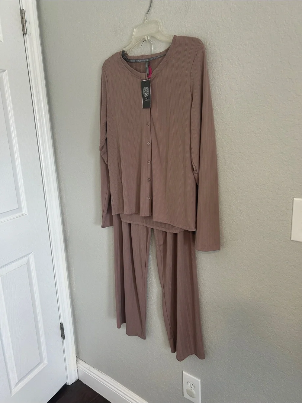 Vince Camuto Mauve Ribbed Button-Front Pajama Set